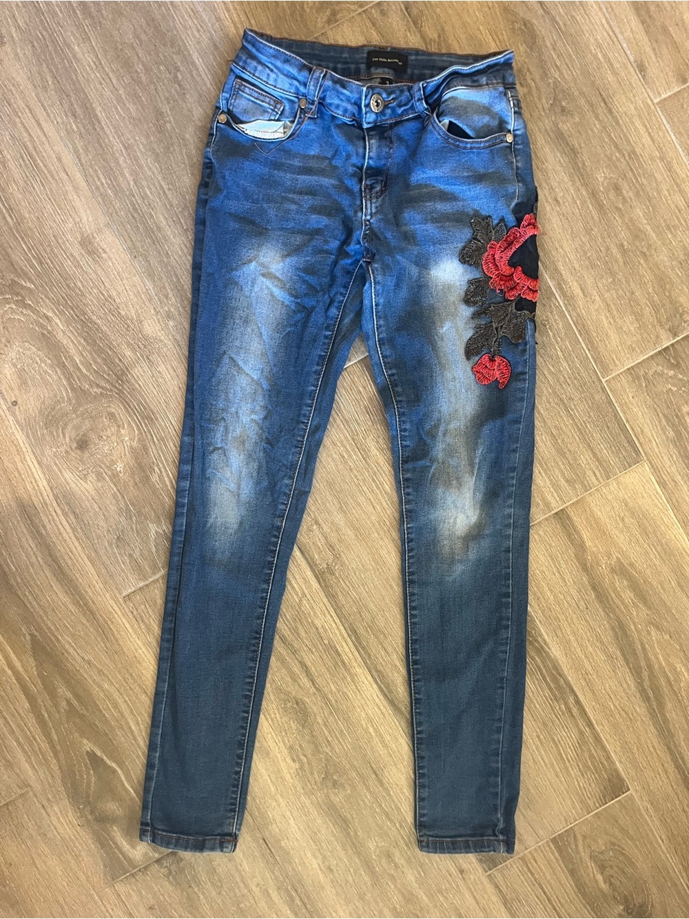 Dark Blue Skinny Jeans with Red Floral Applique
